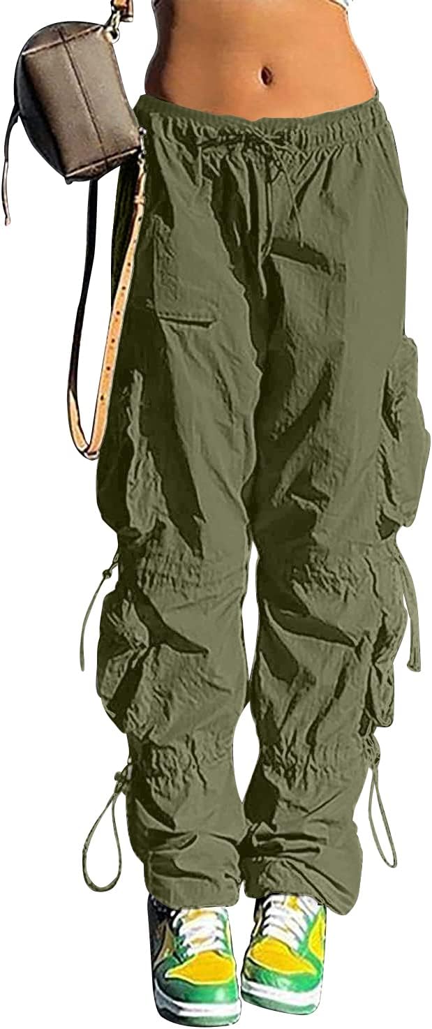 Pantalones holgados tipo paracaídas QYANGG para mujeres y niñas, pantalones cargo fruncidos de cintura baja con cordón elástico y múltiples bolsillos, jogger Y2K 