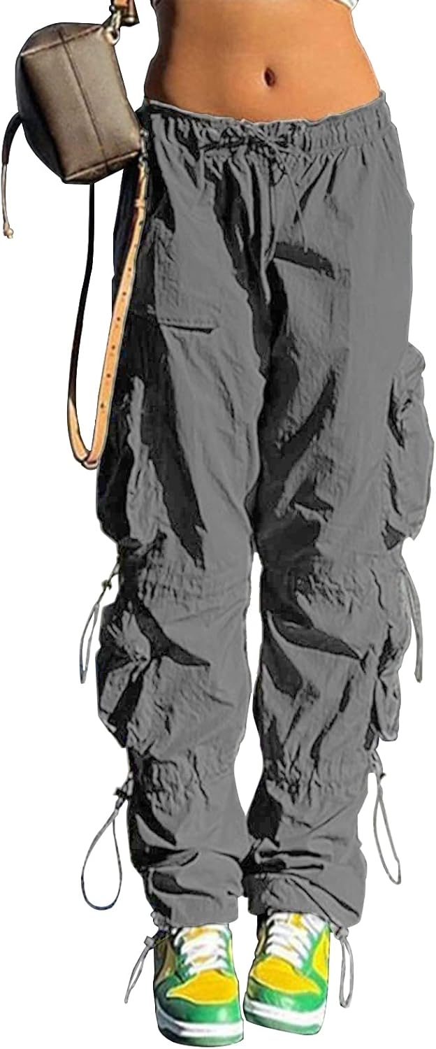 Pantalones holgados tipo paracaídas QYANGG para mujeres y niñas, pantalones cargo fruncidos de cintura baja con cordón elástico y múltiples bolsillos, jogger Y2K 