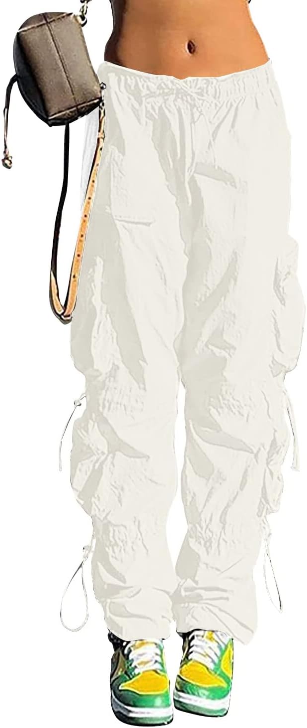 Pantalones holgados tipo paracaídas QYANGG para mujeres y niñas, pantalones cargo fruncidos de cintura baja con cordón elástico y múltiples bolsillos, jogger Y2K 