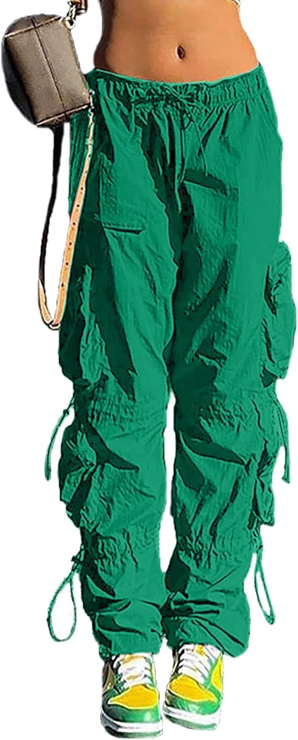 Pantalones holgados tipo paracaídas QYANGG para mujeres y niñas, pantalones cargo fruncidos de cintura baja con cordón elástico y múltiples bolsillos, jogger Y2K 