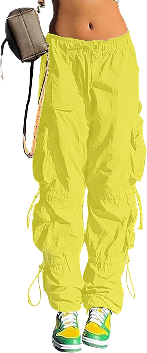 Pantalones holgados tipo paracaídas QYANGG para mujeres y niñas, pantalones cargo fruncidos de cintura baja con cordón elástico y múltiples bolsillos, jogger Y2K 