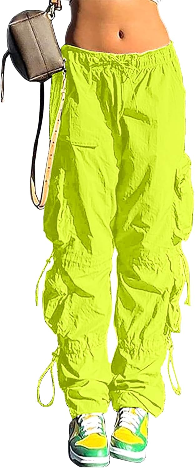 Pantalones holgados tipo paracaídas QYANGG para mujeres y niñas, pantalones cargo fruncidos de cintura baja con cordón elástico y múltiples bolsillos, jogger Y2K 