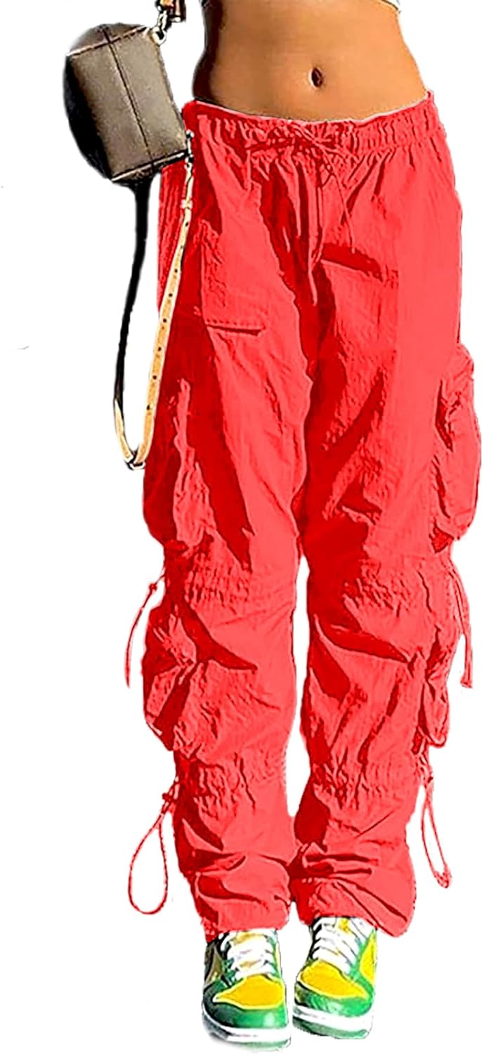 Pantalones holgados tipo paracaídas QYANGG para mujeres y niñas, pantalones cargo fruncidos de cintura baja con cordón elástico y múltiples bolsillos, jogger Y2K 