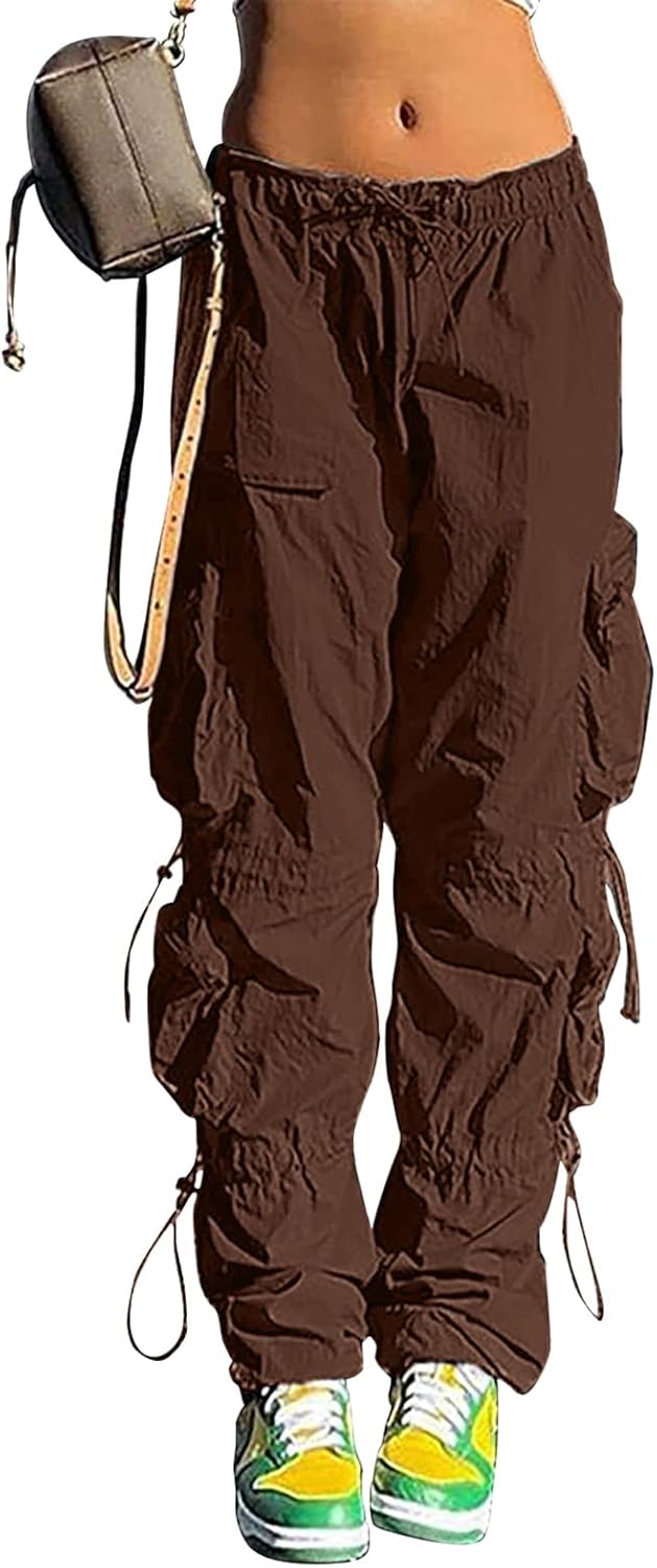 Pantalones holgados tipo paracaídas QYANGG para mujeres y niñas, pantalones cargo fruncidos de cintura baja con cordón elástico y múltiples bolsillos, jogger Y2K 