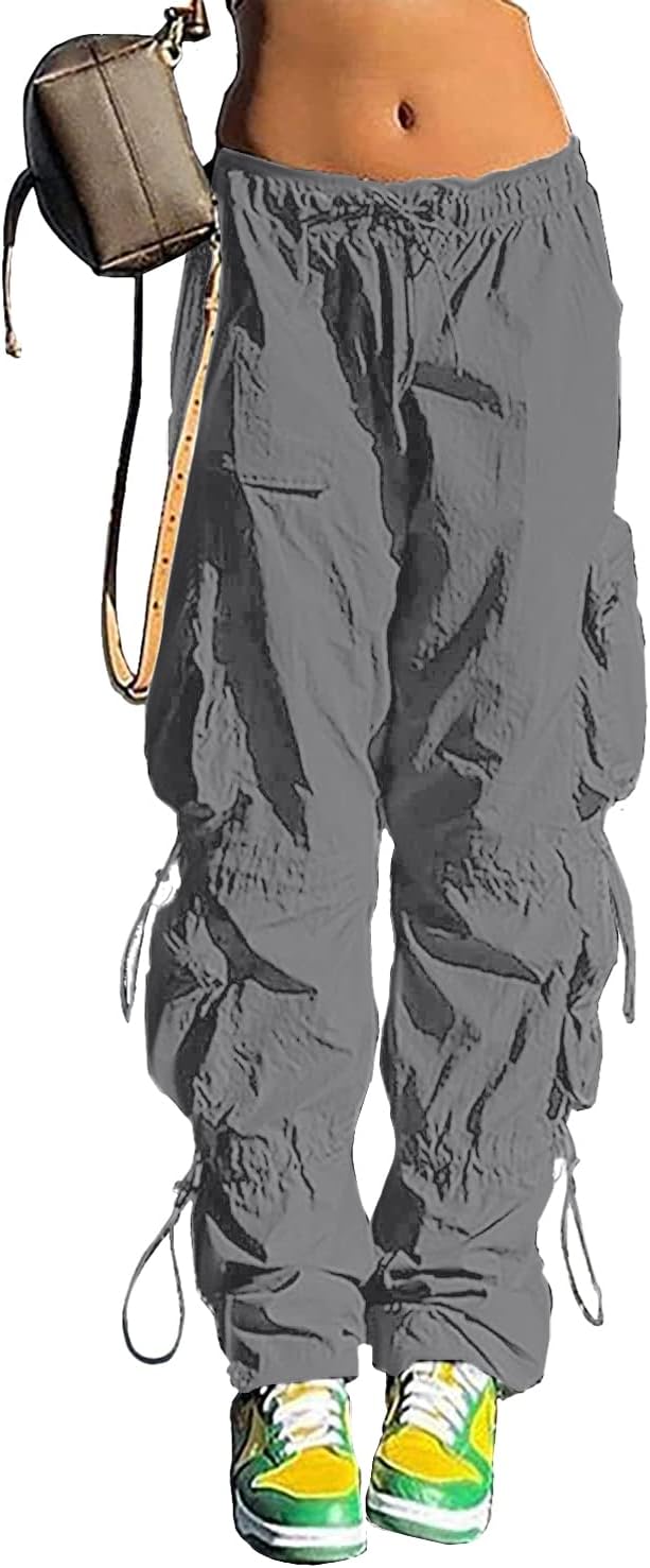 Pantalones holgados tipo paracaídas QYANGG para mujeres y niñas, pantalones cargo fruncidos de cintura baja con cordón elástico y múltiples bolsillos, jogger Y2K 