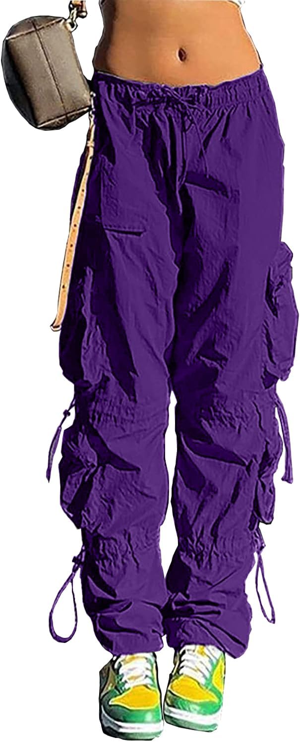 Pantalones holgados tipo paracaídas QYANGG para mujeres y niñas, pantalones cargo fruncidos de cintura baja con cordón elástico y múltiples bolsillos, jogger Y2K 