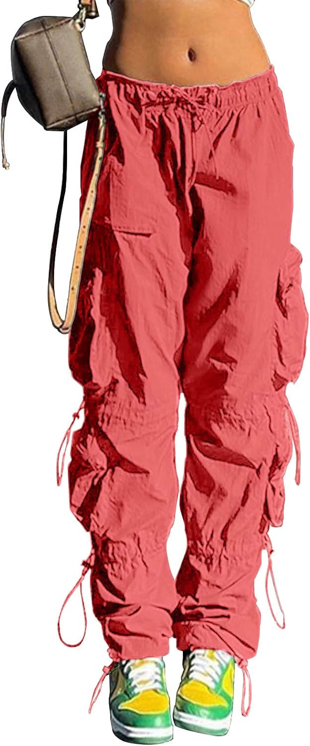 Pantalones holgados tipo paracaídas QYANGG para mujeres y niñas, pantalones cargo fruncidos de cintura baja con cordón elástico y múltiples bolsillos, jogger Y2K 