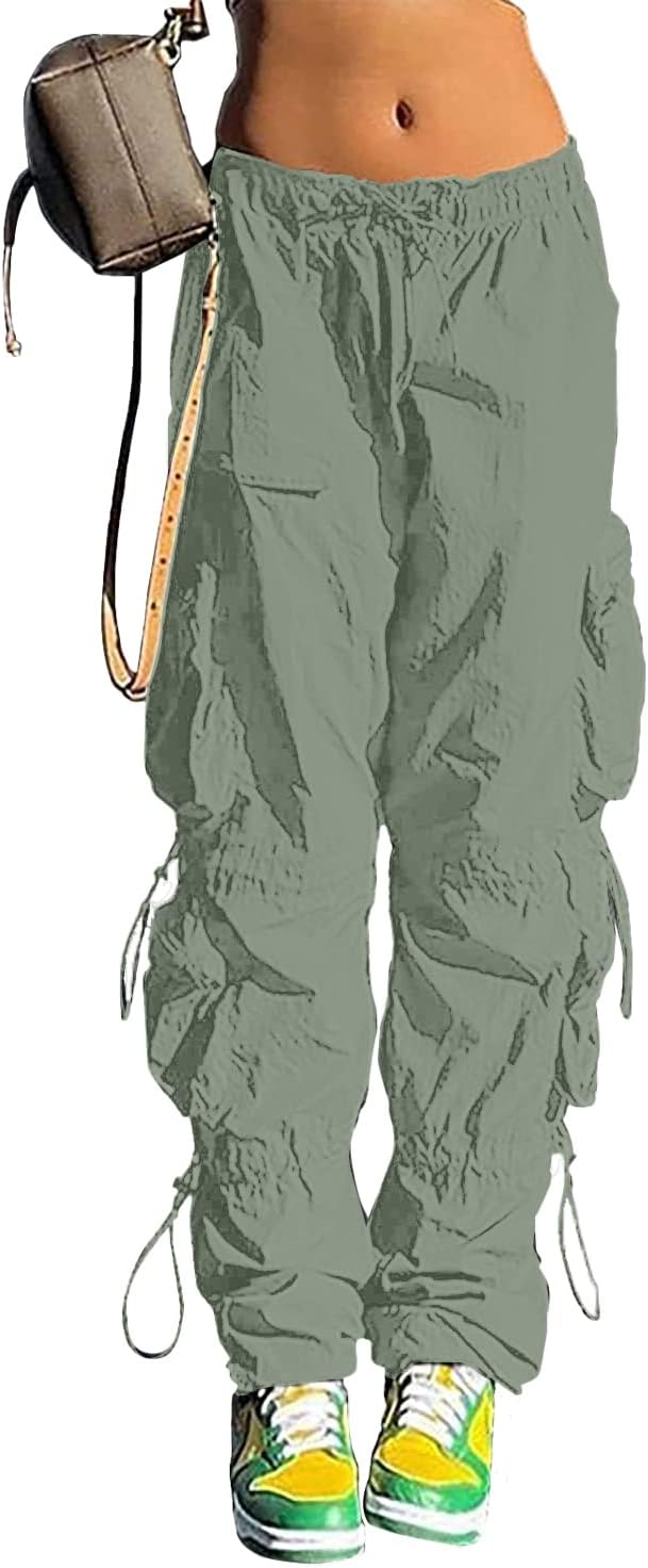 Pantalones holgados tipo paracaídas QYANGG para mujeres y niñas, pantalones cargo fruncidos de cintura baja con cordón elástico y múltiples bolsillos, jogger Y2K 