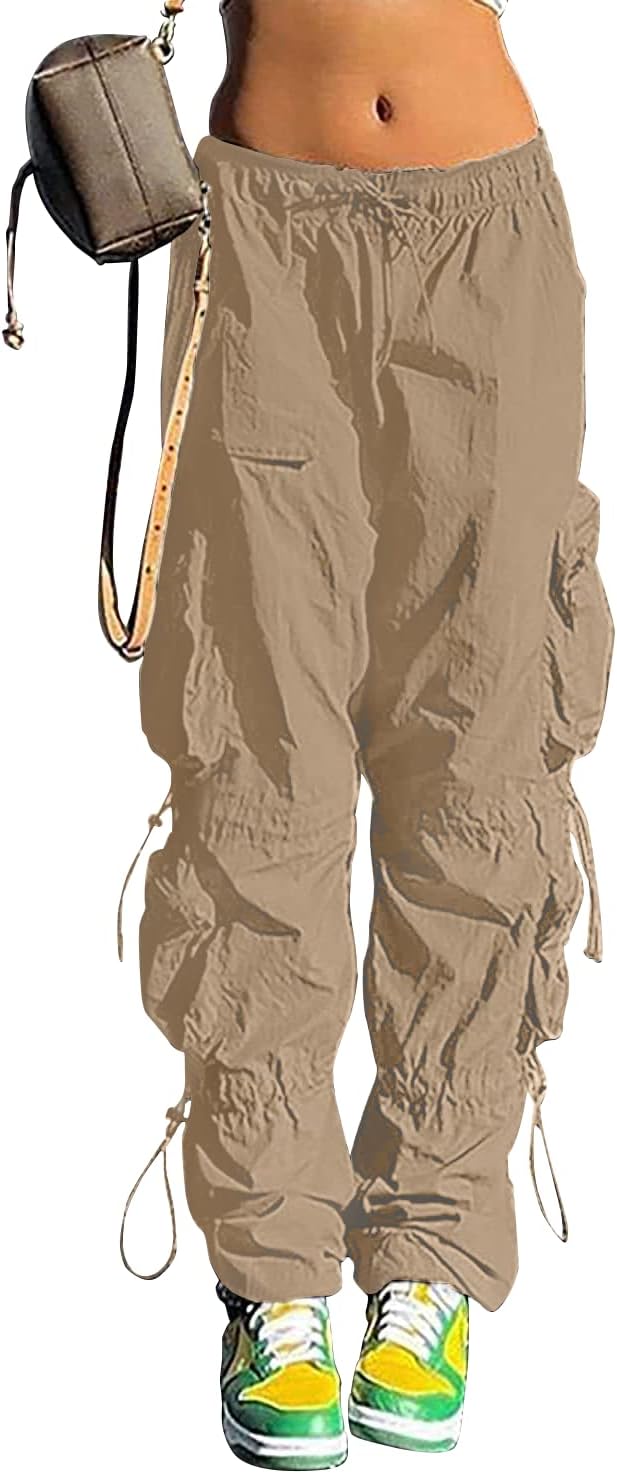 Pantalones holgados tipo paracaídas QYANGG para mujeres y niñas, pantalones cargo fruncidos de cintura baja con cordón elástico y múltiples bolsillos, jogger Y2K 