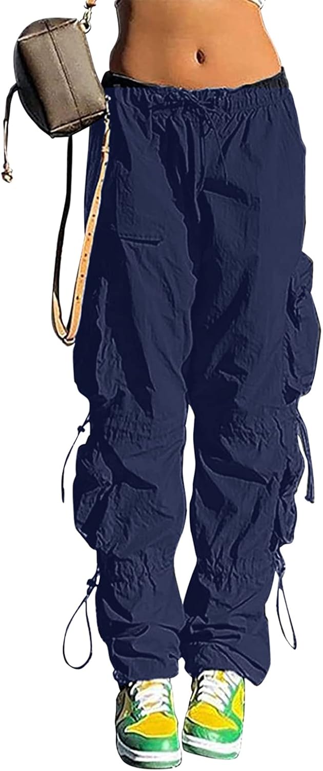 Pantalones holgados tipo paracaídas QYANGG para mujeres y niñas, pantalones cargo fruncidos de cintura baja con cordón elástico y múltiples bolsillos, jogger Y2K 
