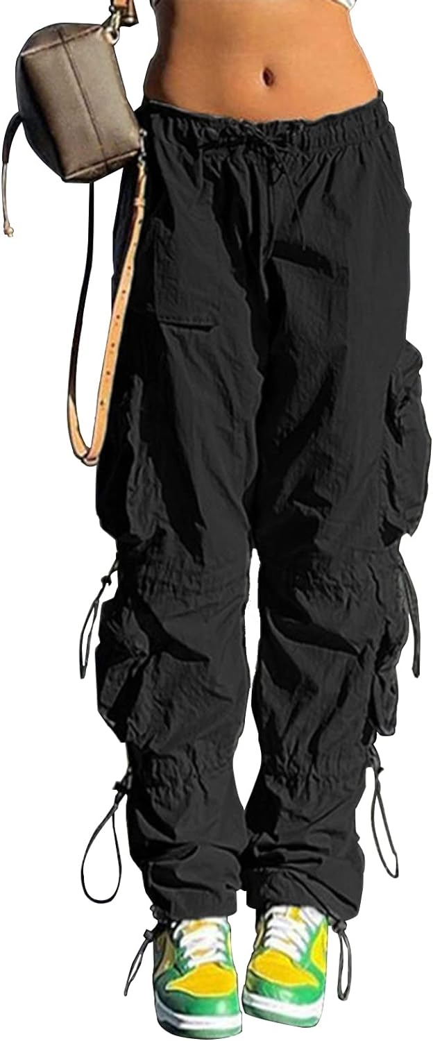 Pantalones holgados tipo paracaídas QYANGG para mujeres y niñas, pantalones cargo fruncidos de cintura baja con cordón elástico y múltiples bolsillos, jogger Y2K 