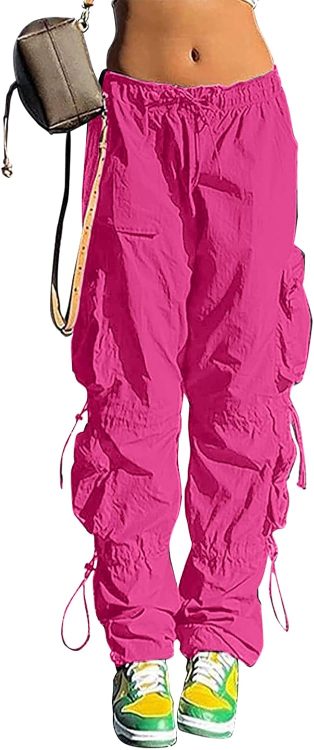 Pantalones holgados tipo paracaídas QYANGG para mujeres y niñas, pantalones cargo fruncidos de cintura baja con cordón elástico y múltiples bolsillos, jogger Y2K 