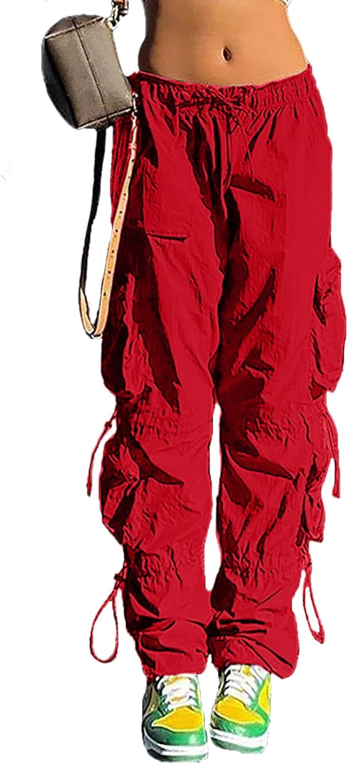Pantalones holgados tipo paracaídas QYANGG para mujeres y niñas, pantalones cargo fruncidos de cintura baja con cordón elástico y múltiples bolsillos, jogger Y2K 