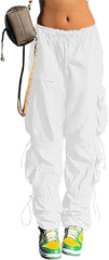 Pantalones holgados tipo paracaídas QYANGG para mujeres y niñas, pantalones cargo fruncidos de cintura baja con cordón elástico y múltiples bolsillos, jogger Y2K 