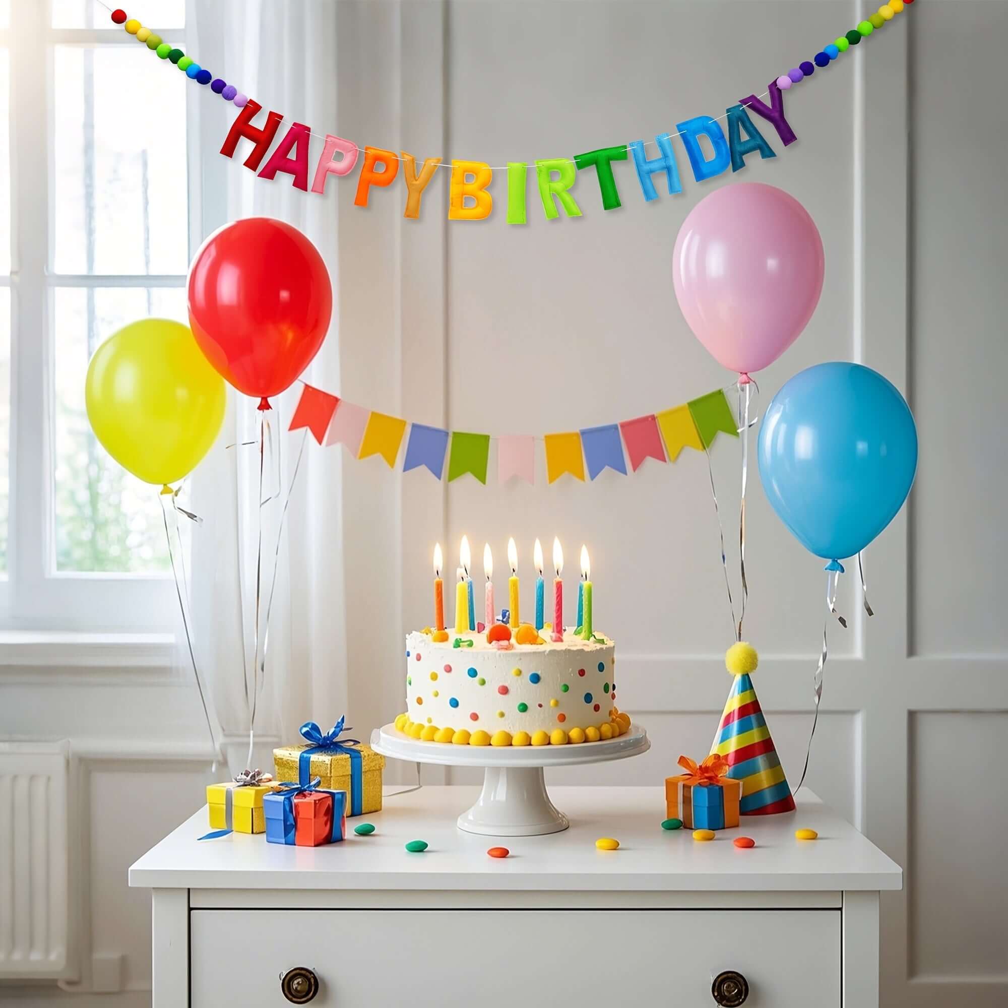 Colorful Happy Birthday Banner set with 24 Felt Balls and Rainbow Cloth Flower Garlands