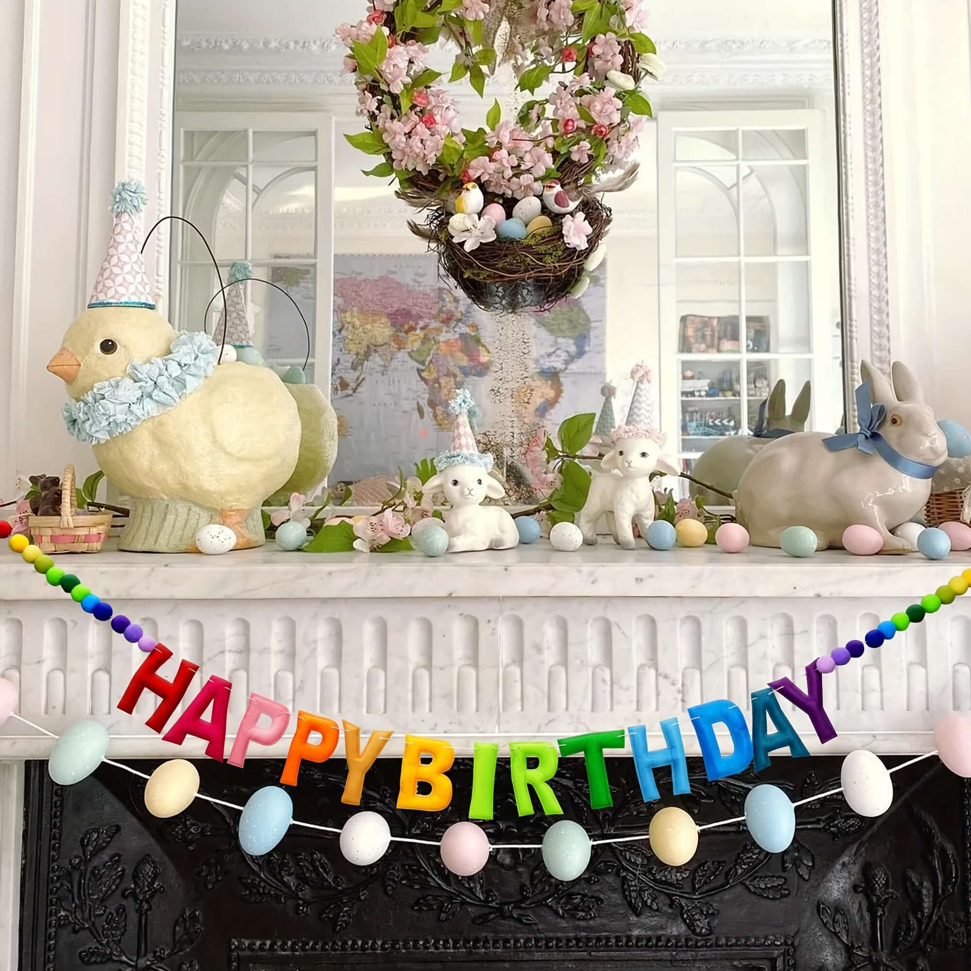Colorful Happy Birthday Banner set with 24 Felt Balls and Rainbow Cloth Flower Garlands
