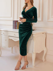 DIRASS Vestido largo elegante de terciopelo con escote en V, fruncido y manga larga para cóctel y fiesta para mujer 