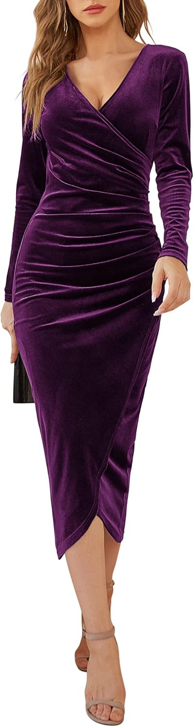 DIRASS Vestido largo elegante de terciopelo con escote en V, fruncido y manga larga para cóctel y fiesta para mujer 