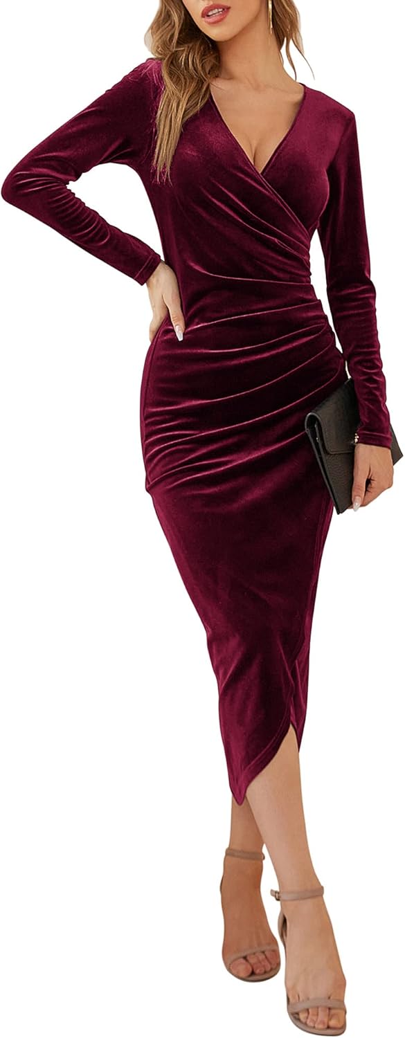 DIRASS Vestido largo elegante de terciopelo con escote en V, fruncido y manga larga para cóctel y fiesta para mujer 