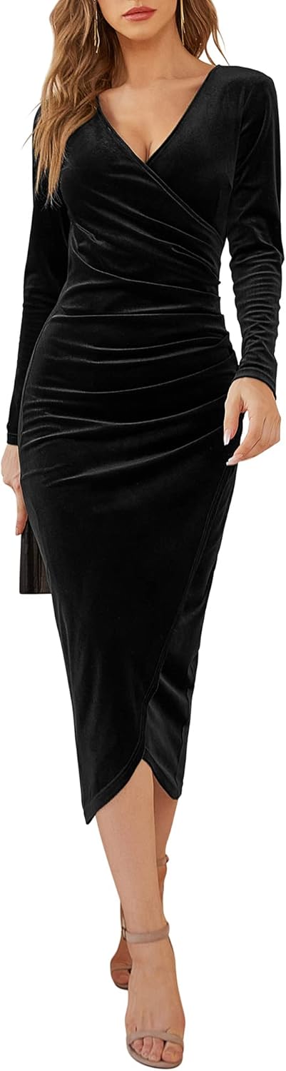 DIRASS Vestido largo elegante de terciopelo con escote en V, fruncido y manga larga para cóctel y fiesta para mujer 