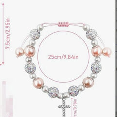 Elegant Diamond-Encrusted Cross Charm Bracelet with Pink Pearls – Handwoven Crystal Bead Chain for Ladies Luxurious Fashion Jewelry