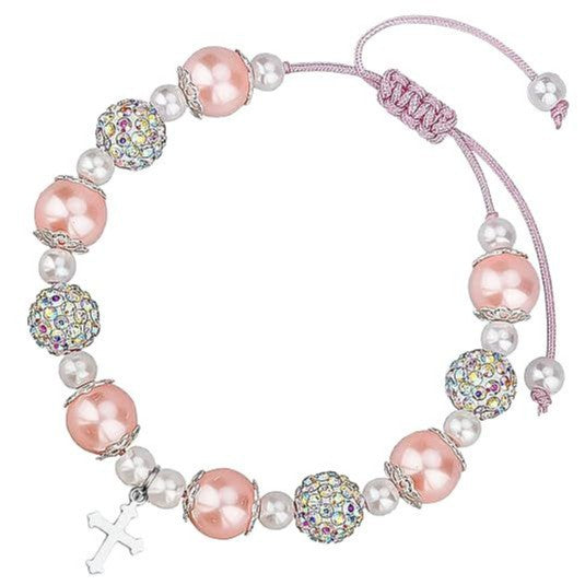 Elegant Diamond-Encrusted Cross Charm Bracelet with Pink Pearls – Handwoven Crystal Bead Chain for Ladies Luxurious Fashion Jewelry