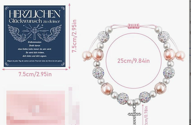 Elegant Diamond-Encrusted Cross Charm Bracelet with Pink Pearls – Handwoven Crystal Bead Chain for Ladies Luxurious Fashion Jewelry