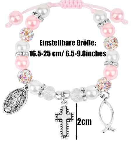 Elegant Diamond-Encrusted Cross Charm Bracelet with Pink Pearls – Handwoven Crystal Bead Chain for Ladies Luxurious Fashion Jewelry