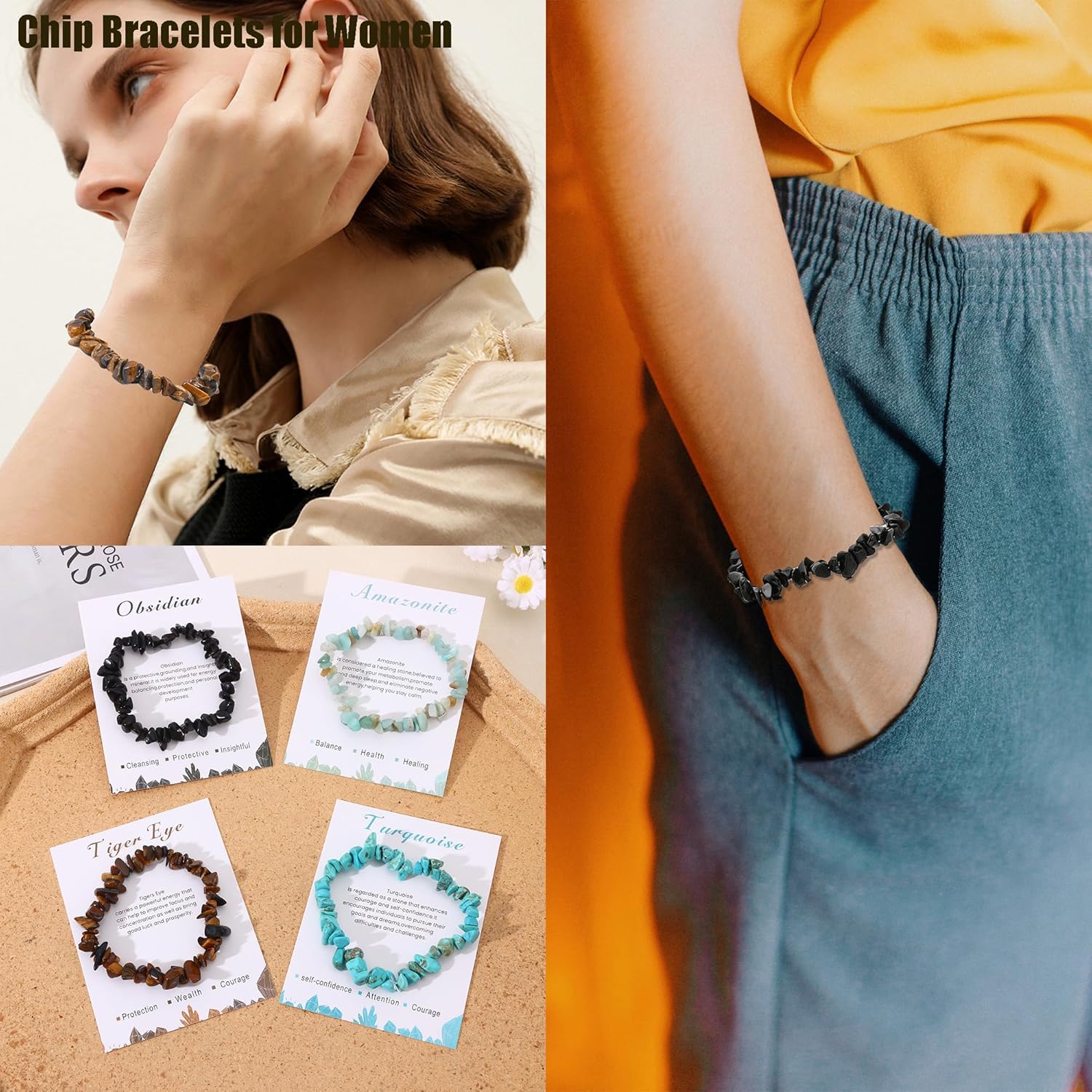 12 PCS Crystals Chip Bracelets Set for Women Natural Gemstone Bracelets Colorful