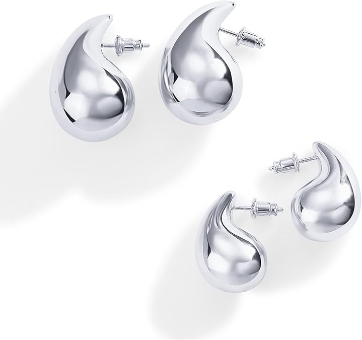 14K Gold Plated 925 Sterling Silver Post Teardrop Chunky Hoop Earrings for Women