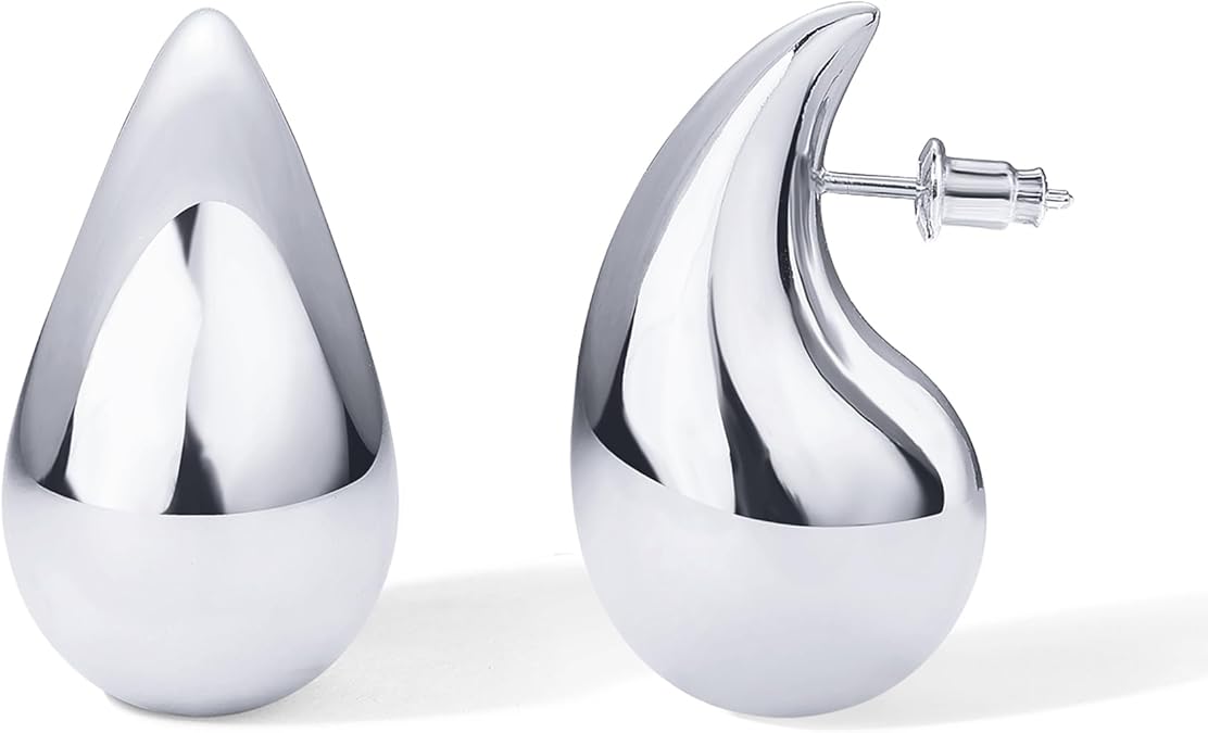 14K Gold Plated 925 Sterling Silver Post Teardrop Chunky Hoop Earrings for Women
