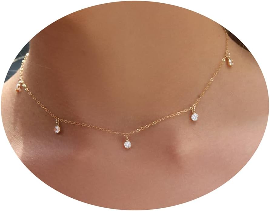 Diamond Necklaces for Women, Dainty 14k Gold/Sterling Silver Choker Necklace Simple Gold Plated CZ  for Women Trendy Gifts