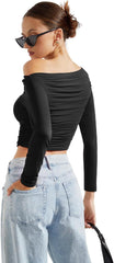 SUUKSESS Women Off Shoulder Long Sleeve Shirts Double Lined Fitted Crop Tops