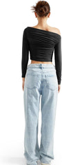 SUUKSESS Women Off Shoulder Long Sleeve Shirts Double Lined Fitted Crop Tops
