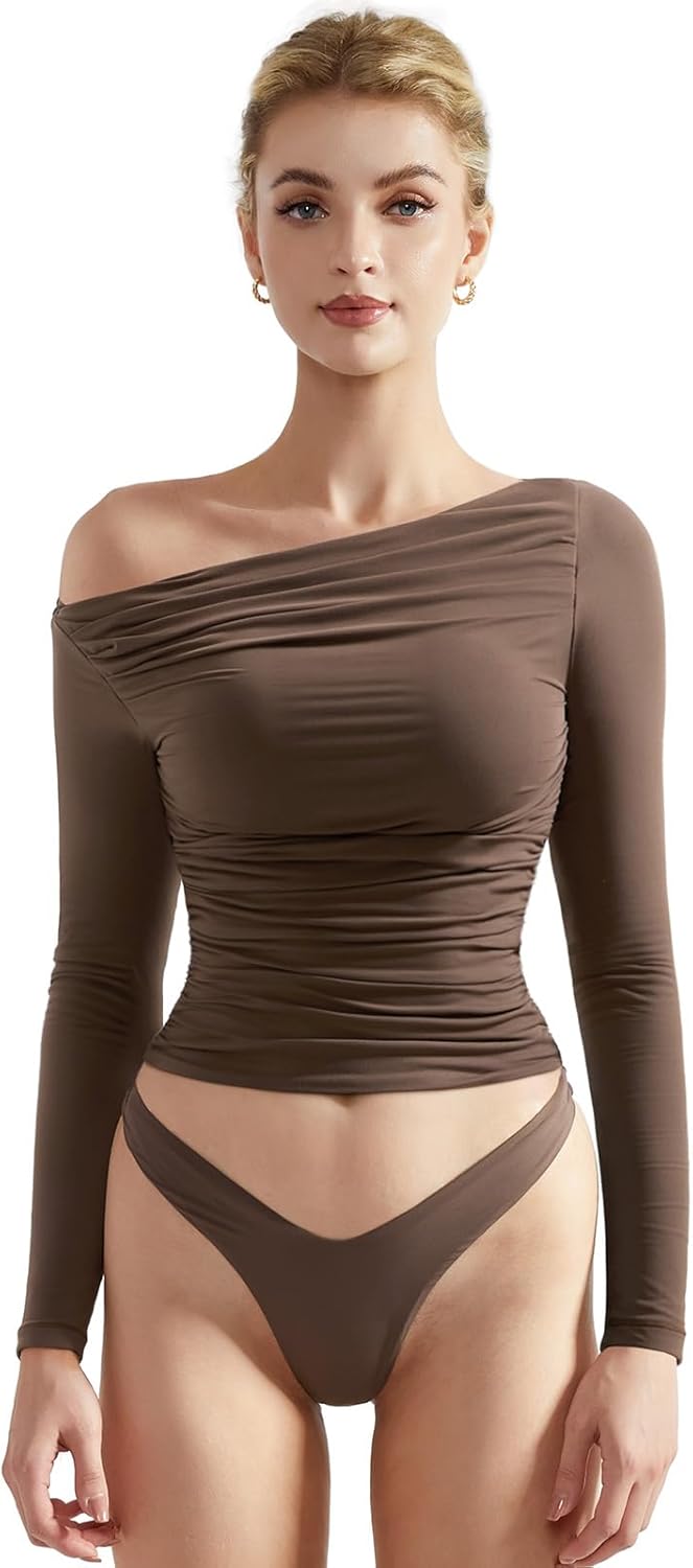 SUUKSESS Women Off Shoulder Long Sleeve Shirts Double Lined Fitted Crop Tops