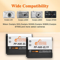 EN-EL19/NP-BJ1 Battery & LED USB Charger for Nikon Coolpix S32/S33/S100/S2800/S3100/S3200/S3300/S3500/S3600/S3700 and more