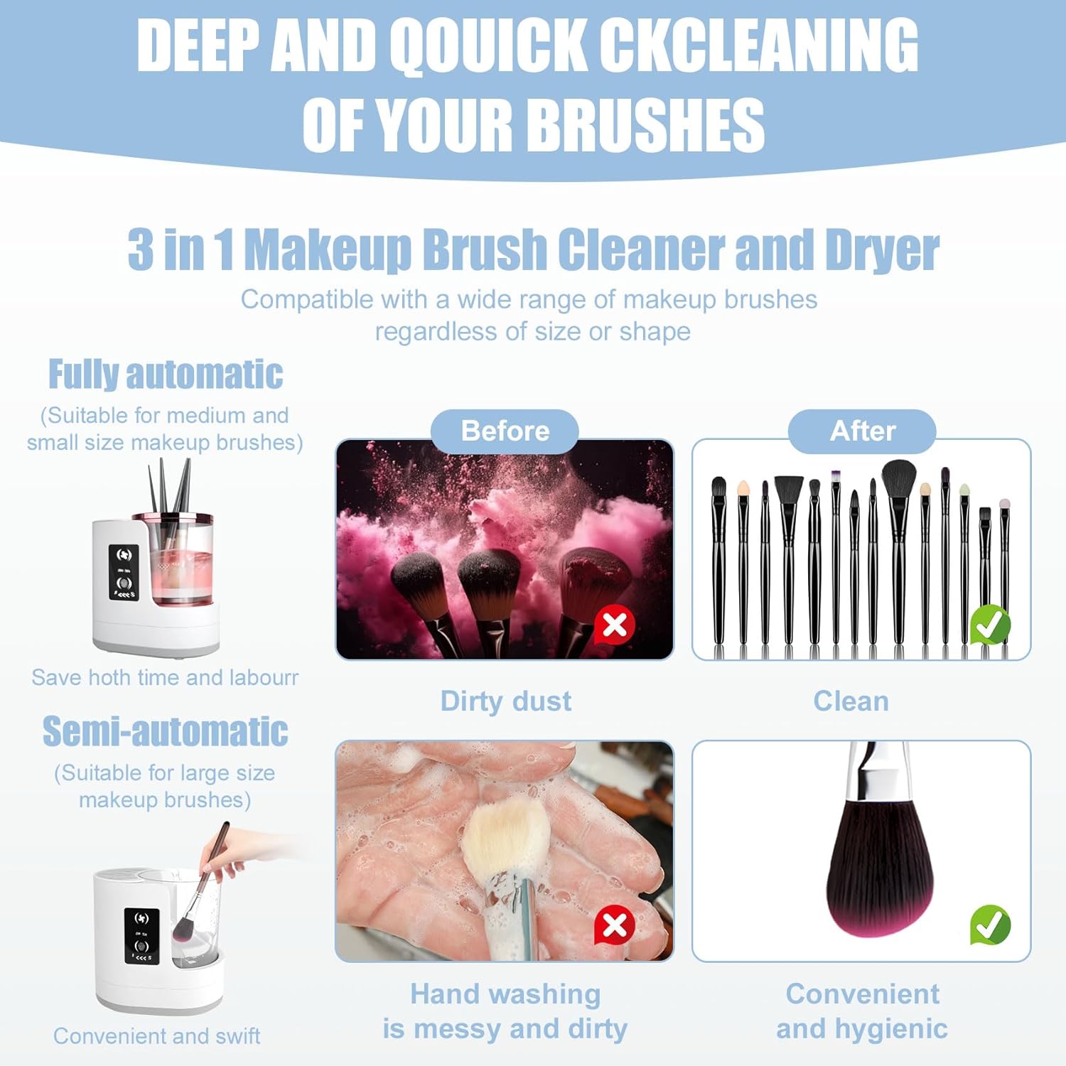 Electric Makeup Brush Cleaner – 3-in-1 Automatic Cleaner with Dryer, Multi-Functional Portable USB-Powered for All-Brush Types