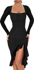 BORIFLORS Vestido midi ajustado sexy fruncido para mujer Vestido elegante de malla de manga larga con escote cuadrado y dobladillo con volantes para fiesta de cóctel 