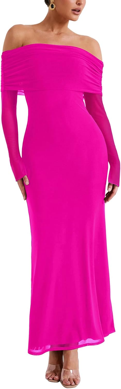 REORIA Vestido elegante de manga larga con hombros descubiertos para mujer, sexy, de malla elástica con doble forro, ajustado, moderno, largo 