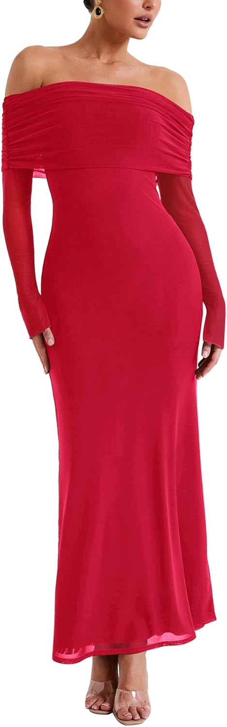 REORIA Vestido elegante de manga larga con hombros descubiertos para mujer, sexy, de malla elástica con doble forro, ajustado, moderno, largo 