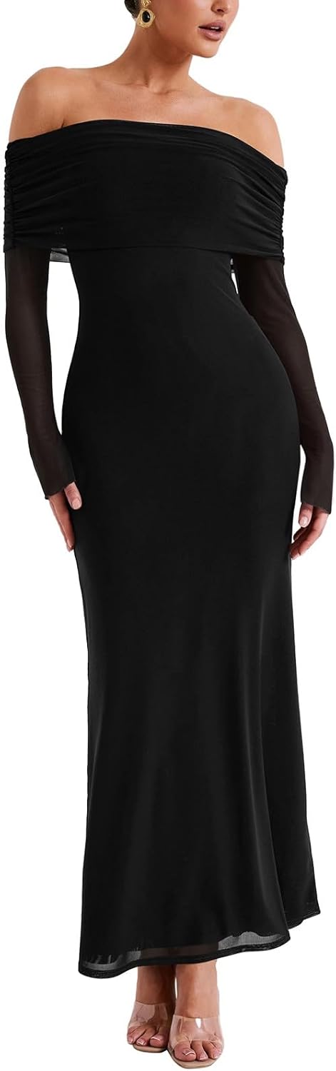 REORIA Vestido elegante de manga larga con hombros descubiertos para mujer, sexy, de malla elástica con doble forro, ajustado, moderno, largo 