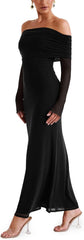 REORIA Vestido elegante de manga larga con hombros descubiertos para mujer, sexy, de malla elástica con doble forro, ajustado, moderno, largo 