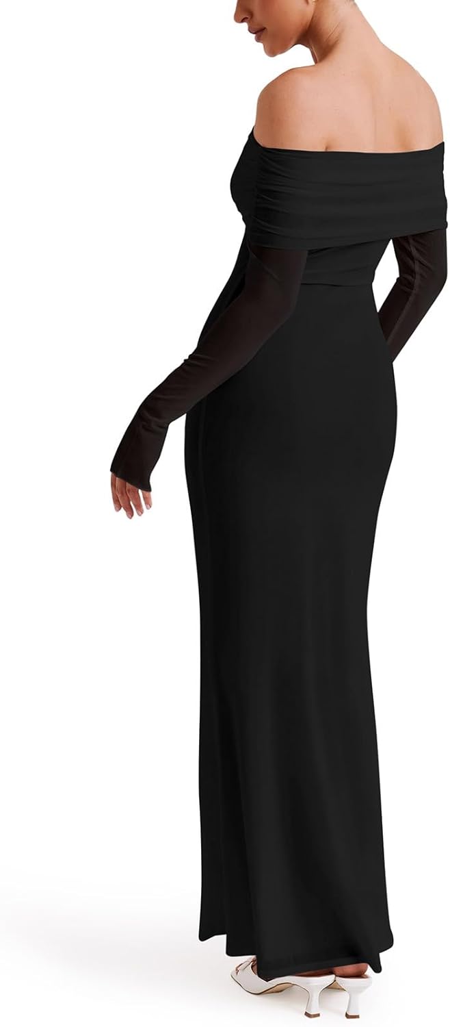 REORIA Vestido elegante de manga larga con hombros descubiertos para mujer, sexy, de malla elástica con doble forro, ajustado, moderno, largo 