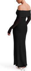 REORIA Vestido elegante de manga larga con hombros descubiertos para mujer, sexy, de malla elástica con doble forro, ajustado, moderno, largo 
