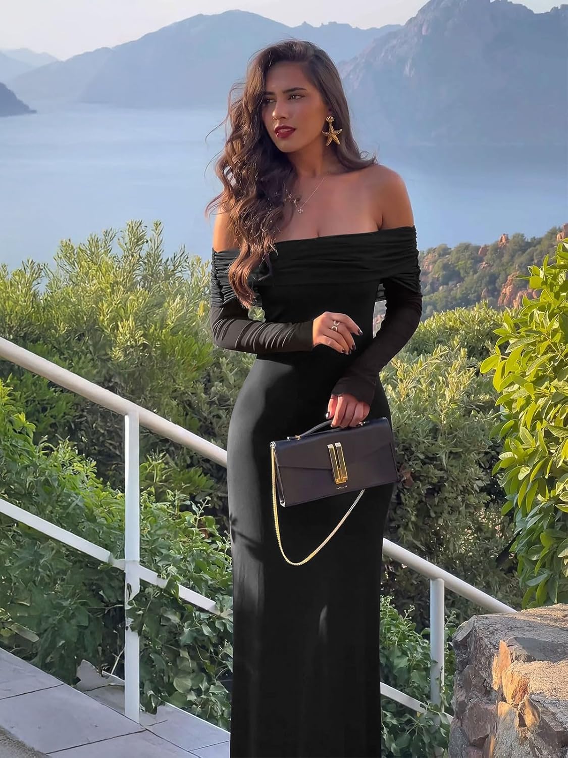 REORIA Vestido elegante de manga larga con hombros descubiertos para mujer, sexy, de malla elástica con doble forro, ajustado, moderno, largo 