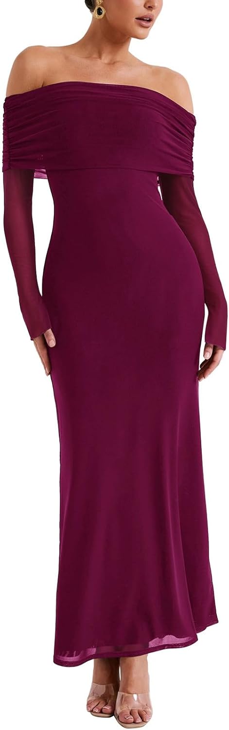 REORIA Vestido elegante de manga larga con hombros descubiertos para mujer, sexy, de malla elástica con doble forro, ajustado, moderno, largo 