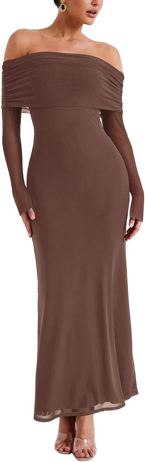 REORIA Vestido elegante de manga larga con hombros descubiertos para mujer, sexy, de malla elástica con doble forro, ajustado, moderno, largo 