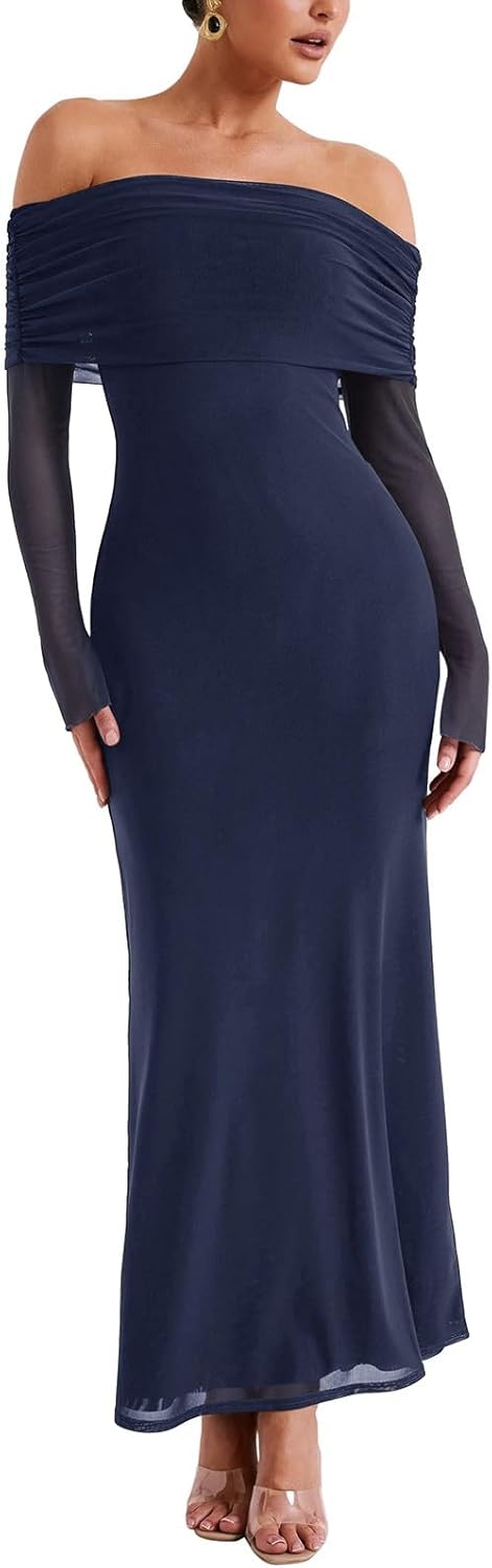 REORIA Vestido elegante de manga larga con hombros descubiertos para mujer, sexy, de malla elástica con doble forro, ajustado, moderno, largo 