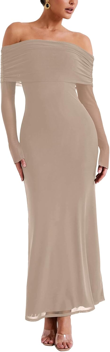 REORIA Vestido elegante de manga larga con hombros descubiertos para mujer, sexy, de malla elástica con doble forro, ajustado, moderno, largo 