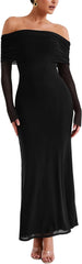 REORIA Vestido elegante de manga larga con hombros descubiertos para mujer, sexy, de malla elástica con doble forro, ajustado, moderno, largo 